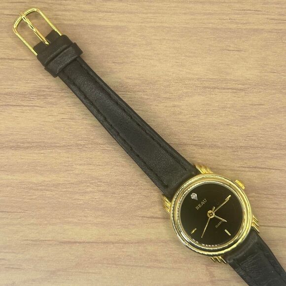 Beau Diamond Gold Tone Quartz Analog Ladies Black Genuine Leather - Picture 2 of 6